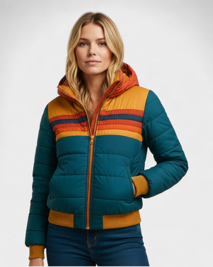 Thea | Schwarze Steppjacke mit bunten Streifen