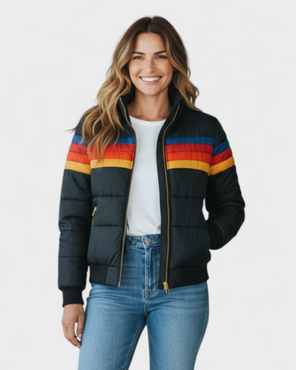 Thea | Schwarze Steppjacke mit bunten Streifen