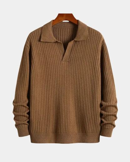 Hans-Dieter | Brauner Strickpullover mit offenem Polokragen