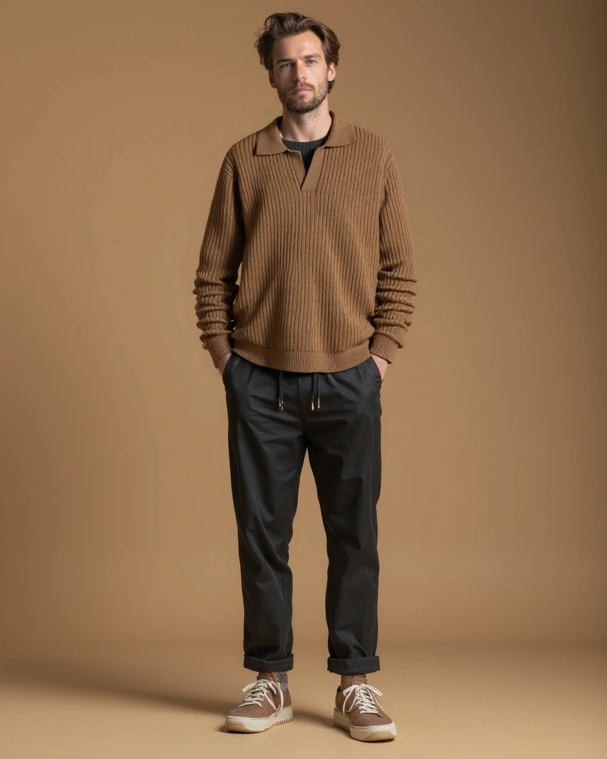Hans-Dieter | Brauner Strickpullover mit offenem Polokragen