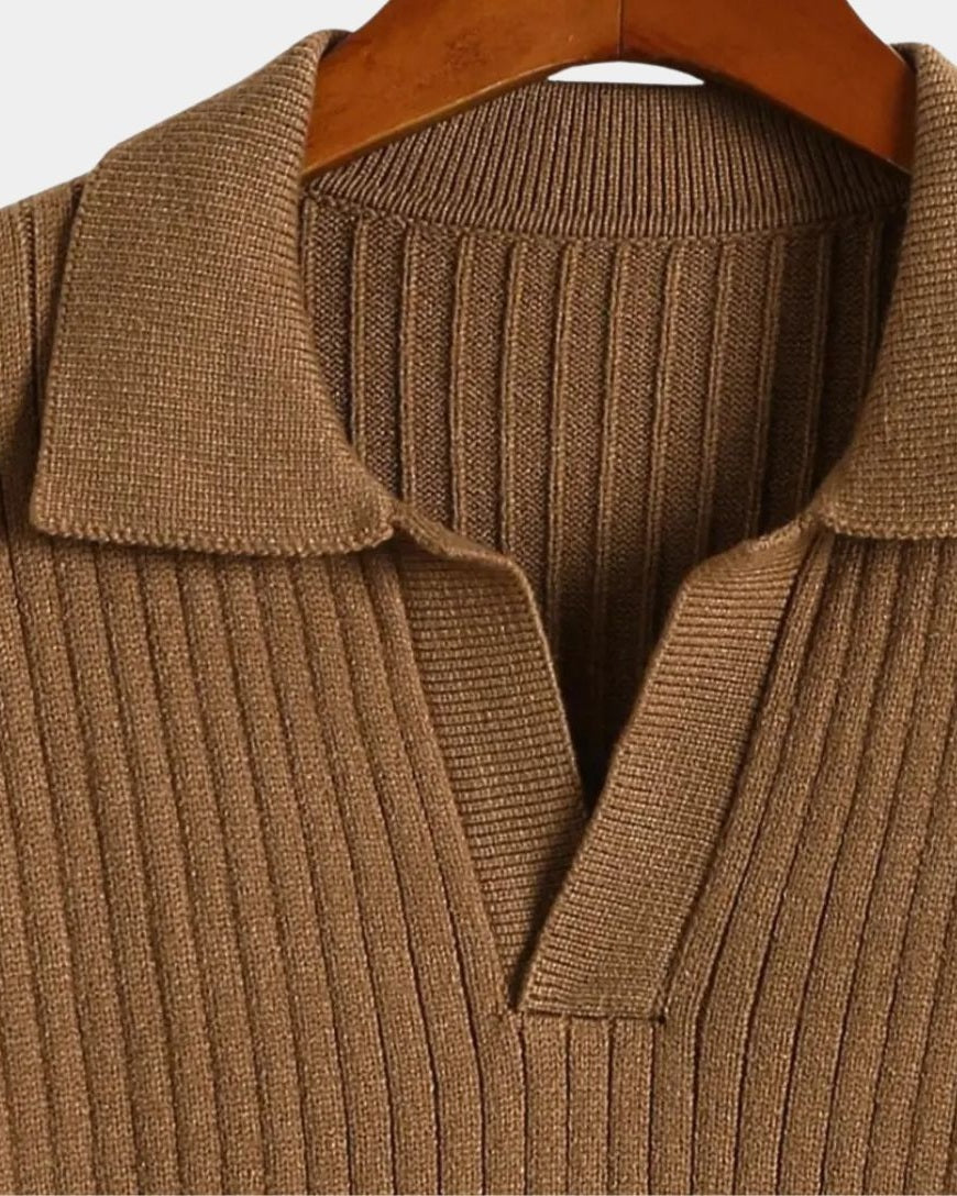 Hans-Dieter | Brauner Strickpullover mit offenem Polokragen