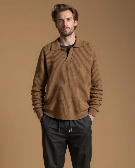 Hans-Dieter | Brauner Strickpullover mit offenem Polokragen