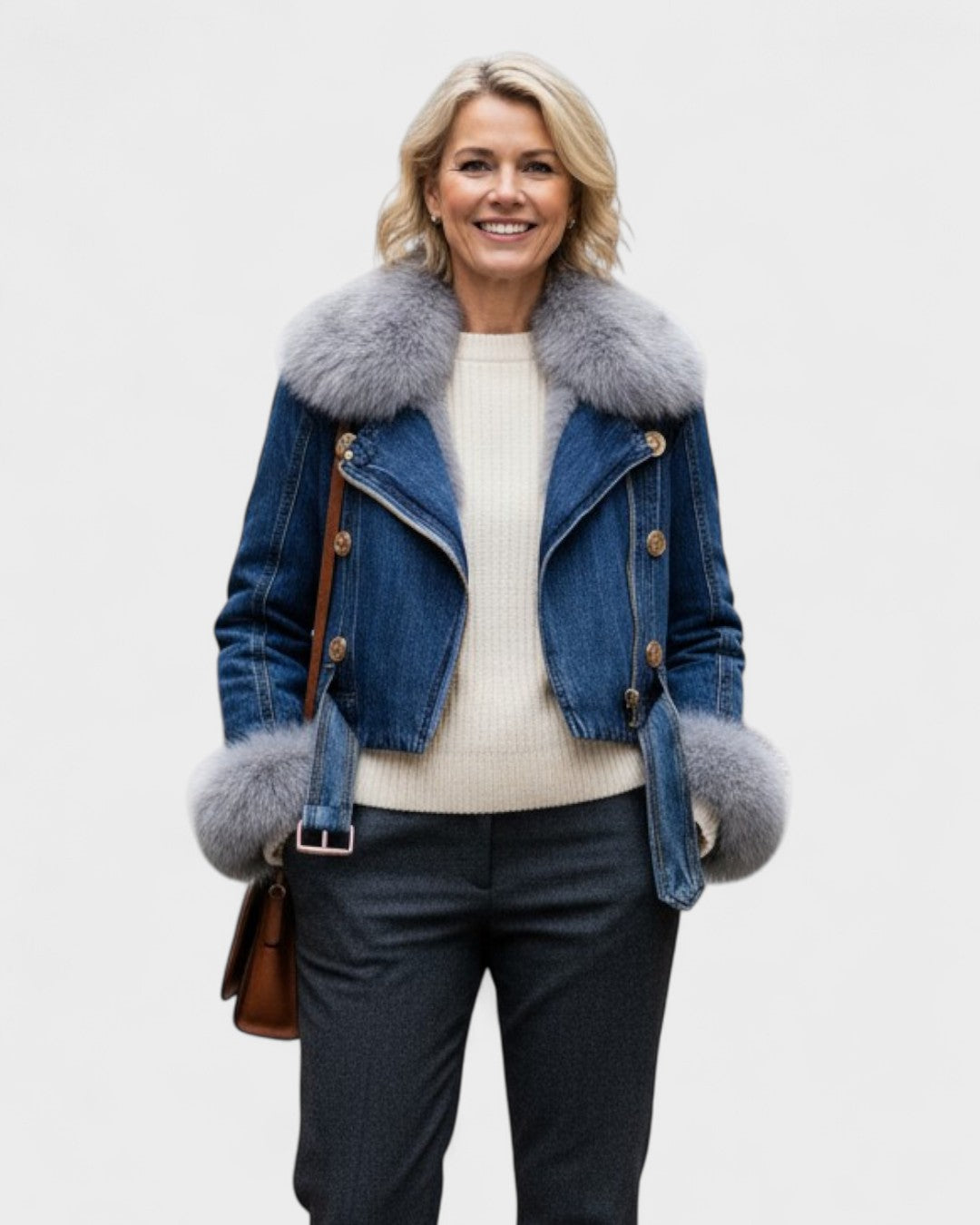 Theodora | Jeansjacke mit Kunstfellbesatz