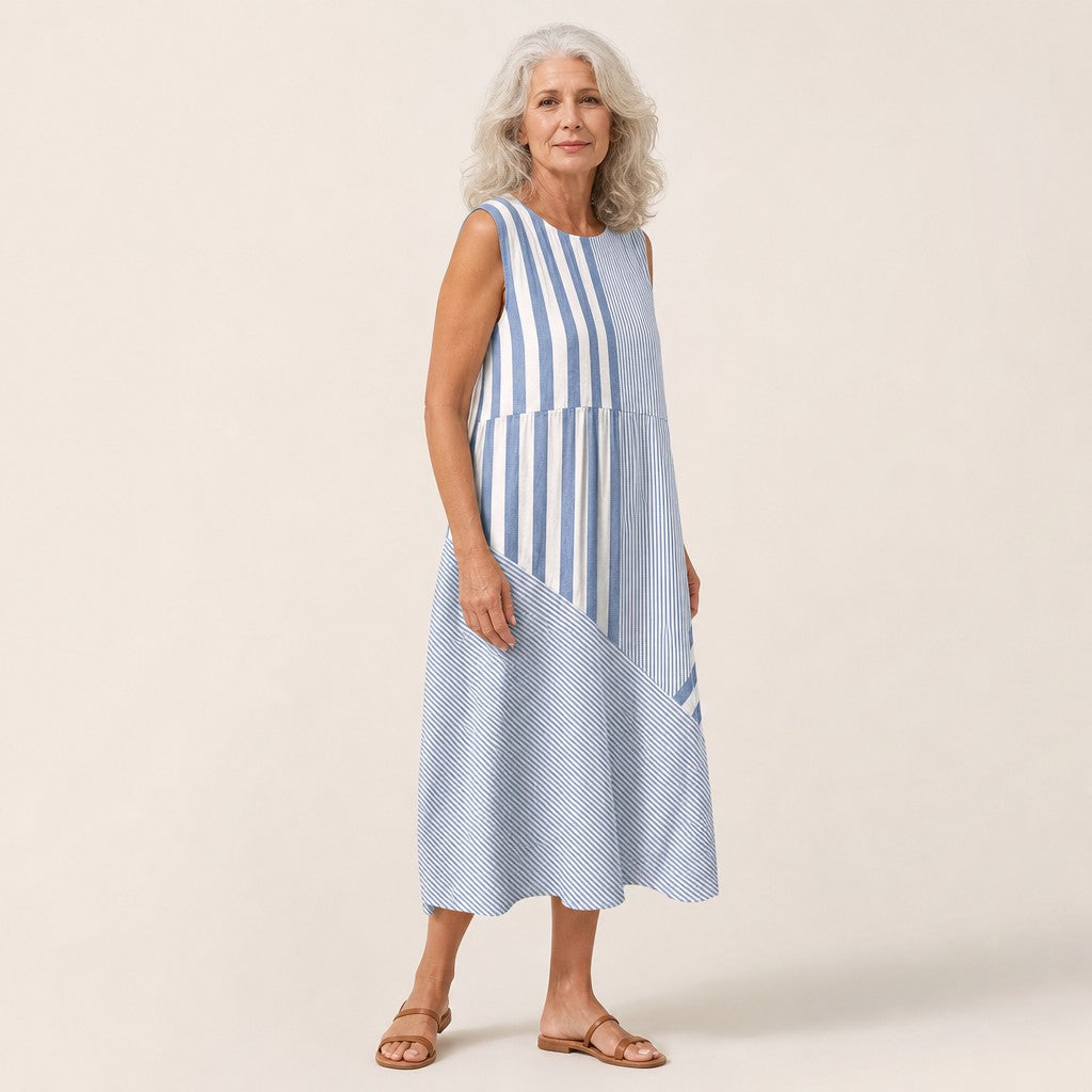 Dorle | Ärmelloses Sommerkleid mit Streifen in Blau und Weiß