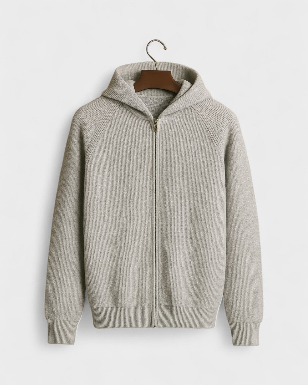 Hans-Werner | Hellgrauer Strick-Hoodie mit Reißverschluss