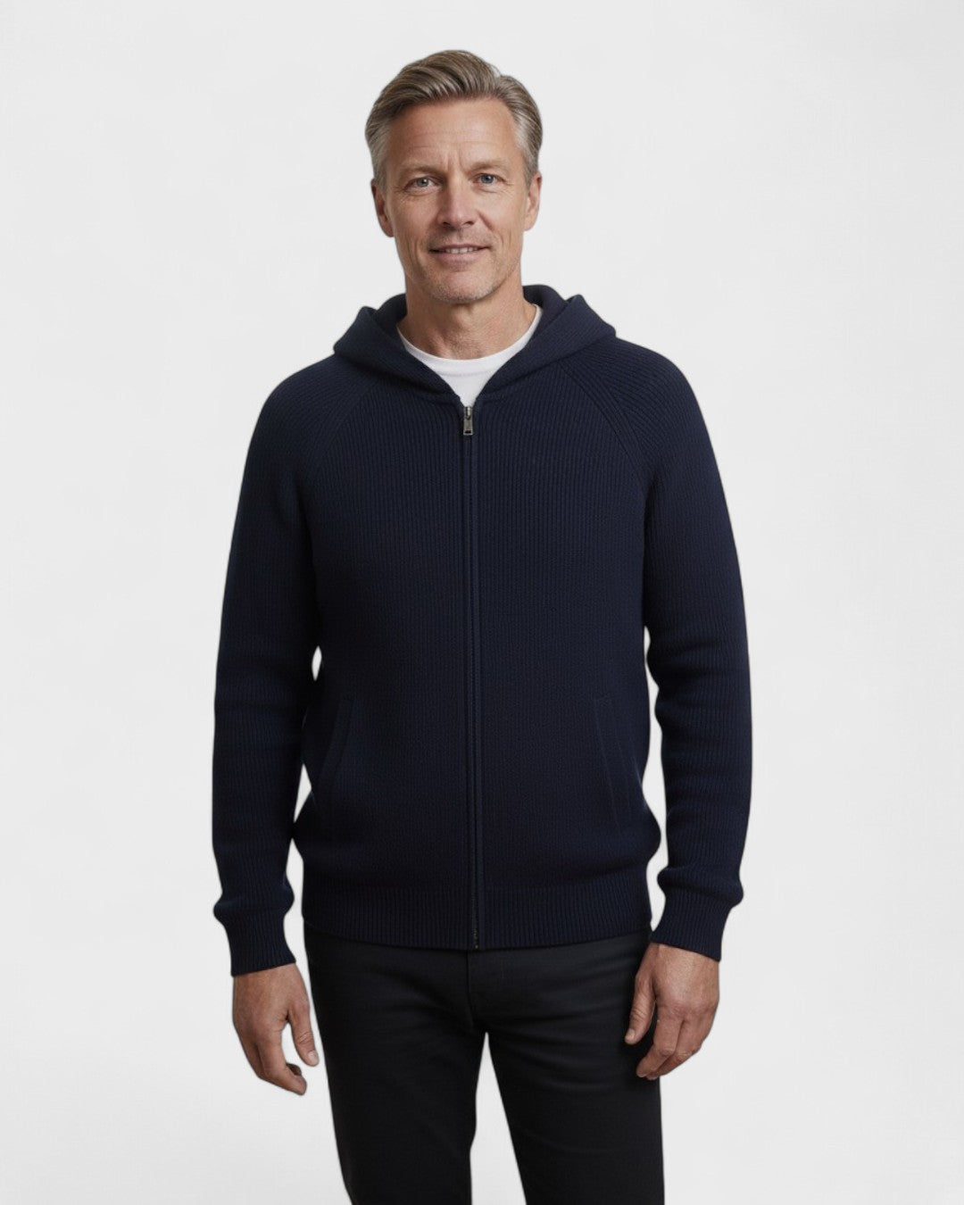 Hans-Werner | Hellgrauer Strick-Hoodie mit Reißverschluss