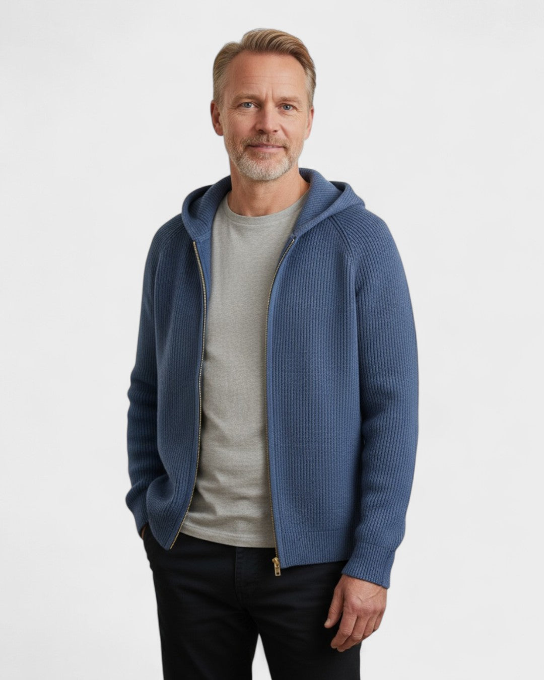 Hans-Werner | Hellgrauer Strick-Hoodie mit Reißverschluss