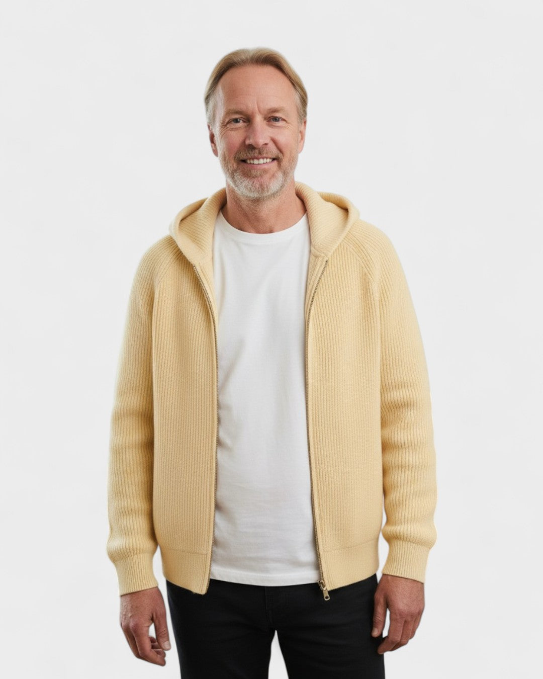 Hans-Werner | Hellgrauer Strick-Hoodie mit Reißverschluss