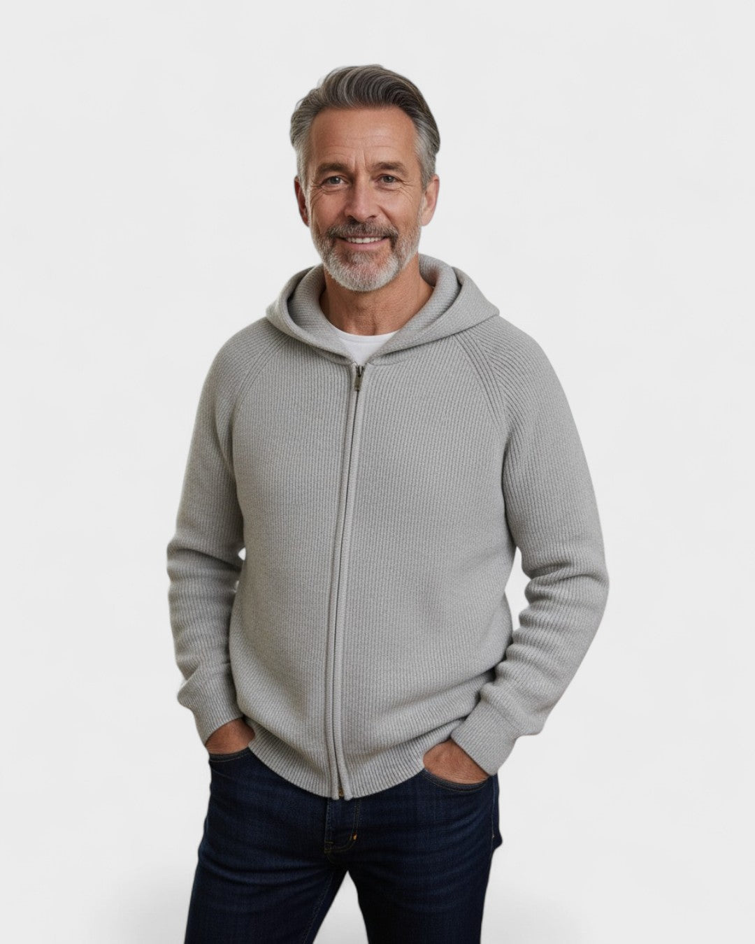 Hans-Werner | Hellgrauer Strick-Hoodie mit Reißverschluss