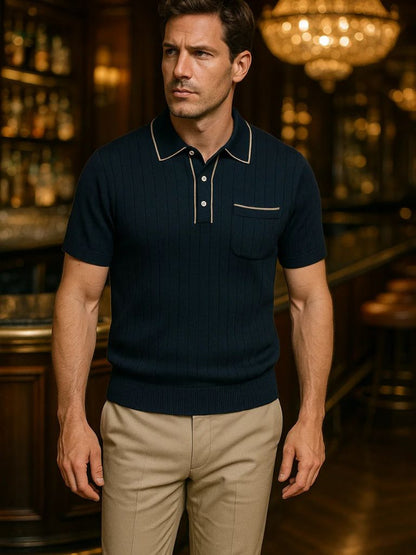 Hans-Werner | Dunkelblaues Strick-Poloshirt mit Brusttasche