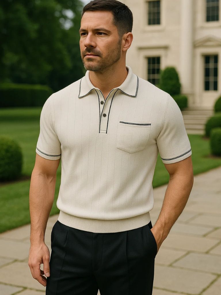 Hans-Werner | Dunkelblaues Strick-Poloshirt mit Brusttasche