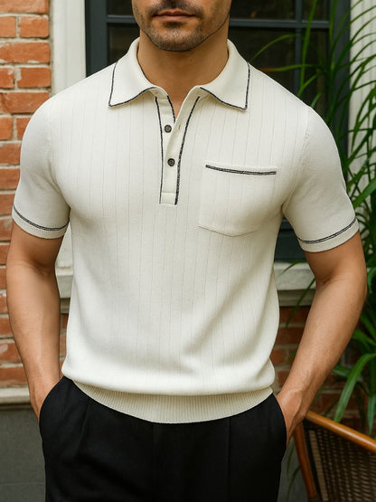 Hans-Werner | Dunkelblaues Strick-Poloshirt mit Brusttasche