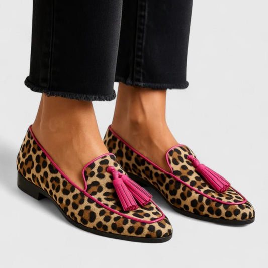 Theresa | Loafer mit Leopardenmuster und pinken Quasten
