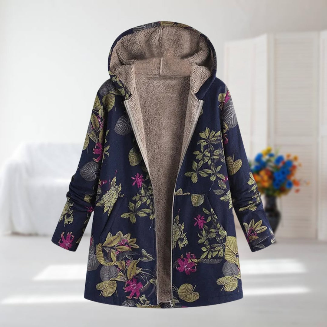 Linda | Dunkelblauer Kapuzenmantel mit Blumenmuster