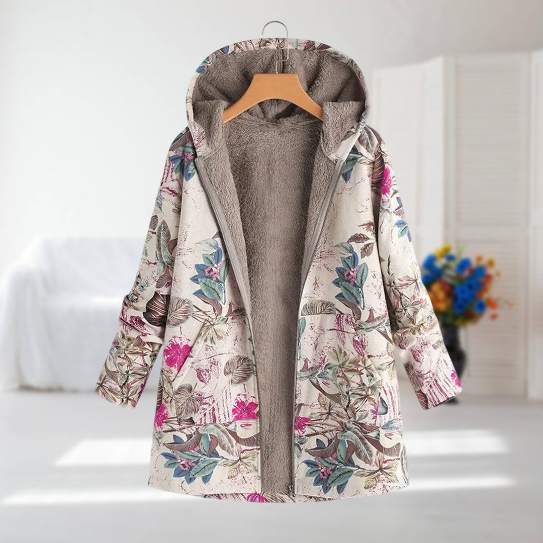 Sarah | Kurzer cremefarbener Kapuzenmantel mit Blumenmuster