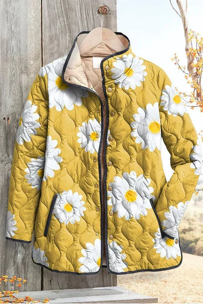 Wanda | Gelbe gesteppte Jacke mit Margeriten