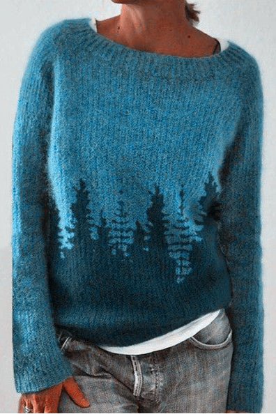 Veronica | Blauer Pullover mit Waldmotiv
