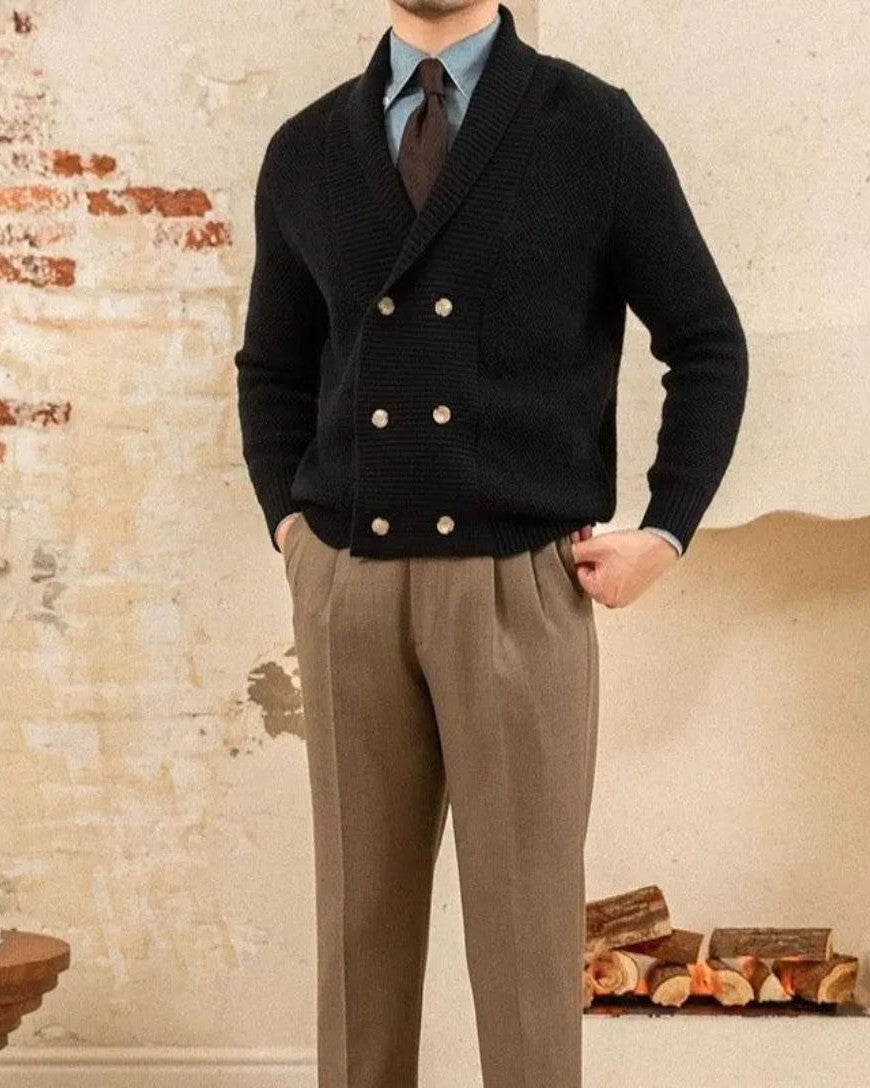 Günter | Beige zweireihige Strickjacke mit Schalkragen
