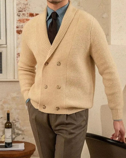 Günter | Beige zweireihige Strickjacke mit Schalkragen
