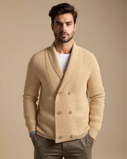 Günter | Beige zweireihige Strickjacke mit Schalkragen