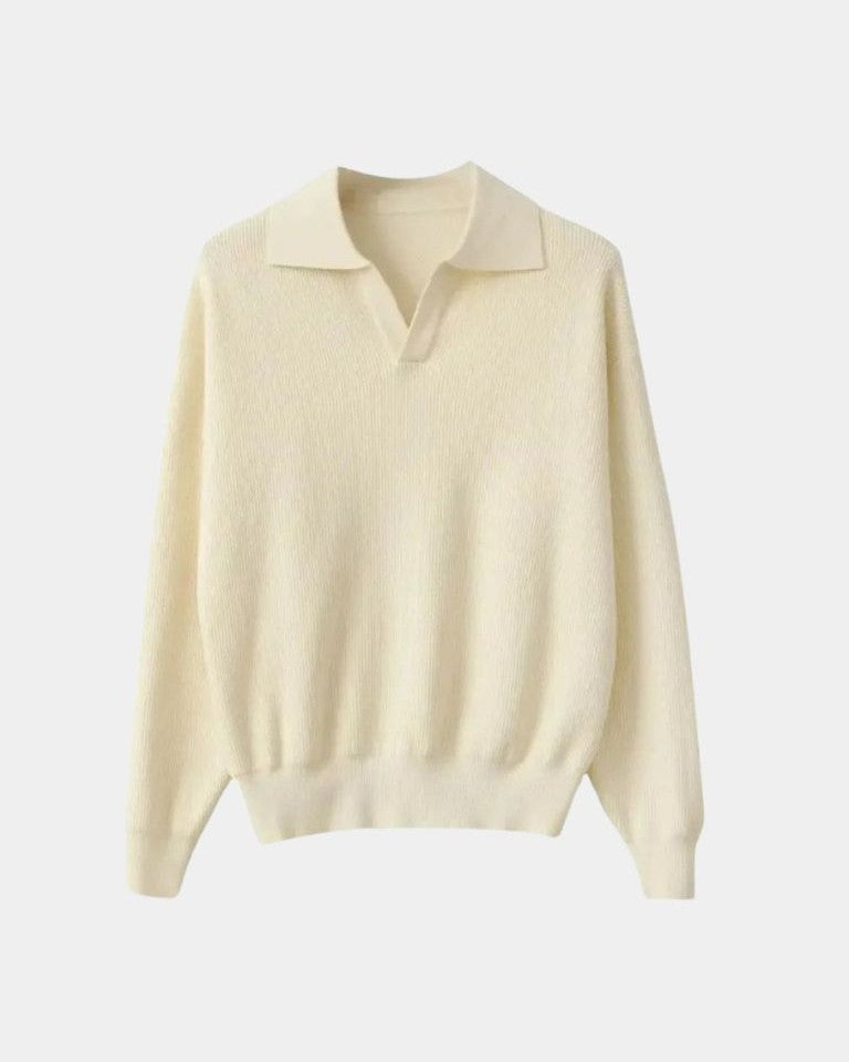 Günter | Cremefarbener Strickpullover mit offenem Polokragen