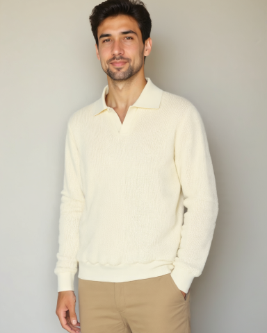 Günter | Cremefarbener Strickpullover mit offenem Polokragen
