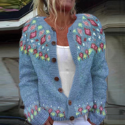 Barbara | Blaue Strickjacke mit floralem Passenmuster
