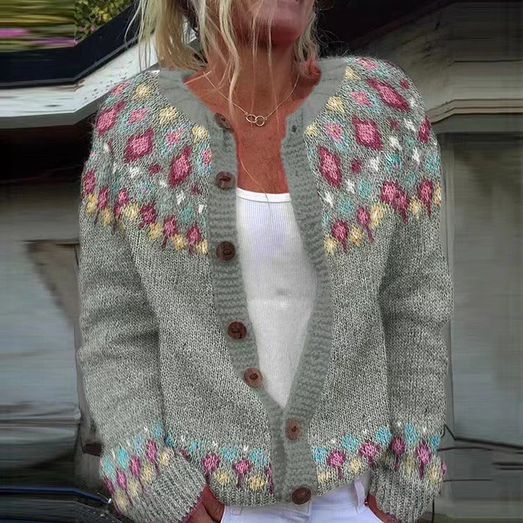 Petra | Graue Strickjacke mit floralem Passenmuster