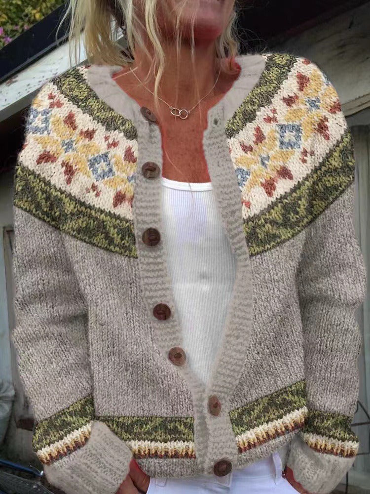 Silke | Graue Strickjacke mit botanischem Passenmuster