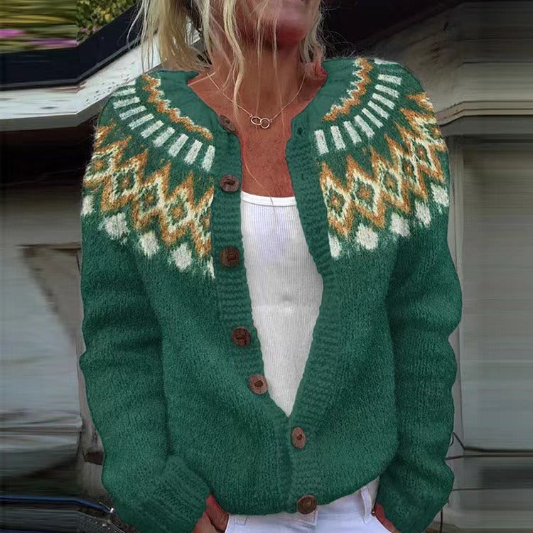 Christel | Grün-goldene Strickjacke mit nordischem Muster