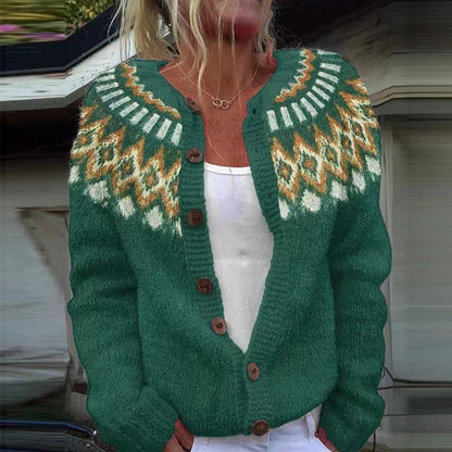 Christel | Grün-goldene Strickjacke mit nordischem Muster
