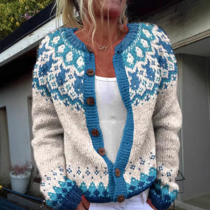 Ingrid | Creme-türkise Strickjacke mit nordischem Muster