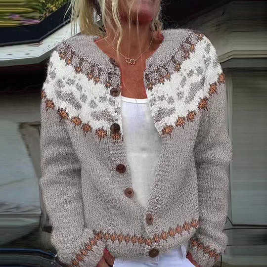 Marlene | Creme-dunkelblaue Strickjacke mit nordischem Muster