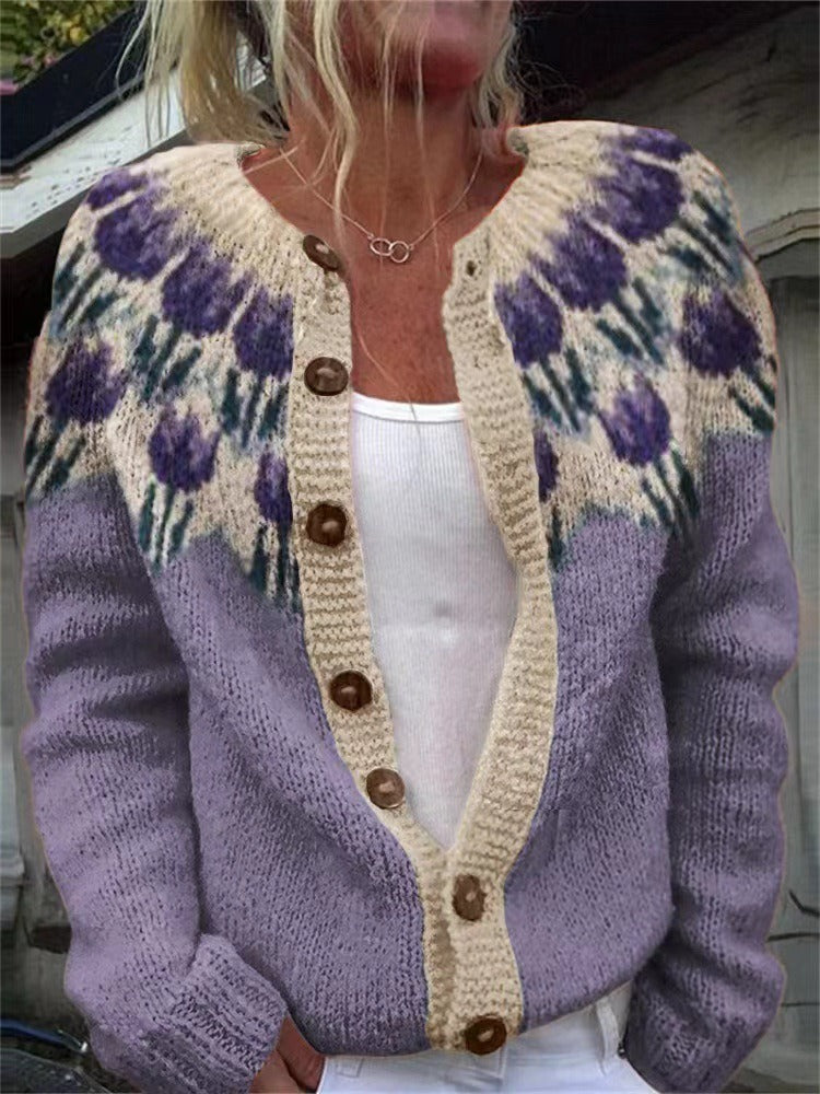 Karin | Fliederfarbene Strickjacke mit Tulpenmuster