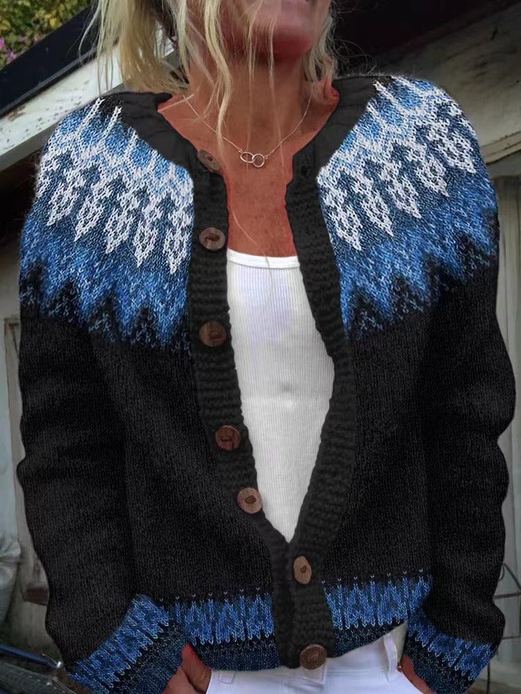 Gabriele | Schwarz-blaue Strickjacke mit nordischem Muster