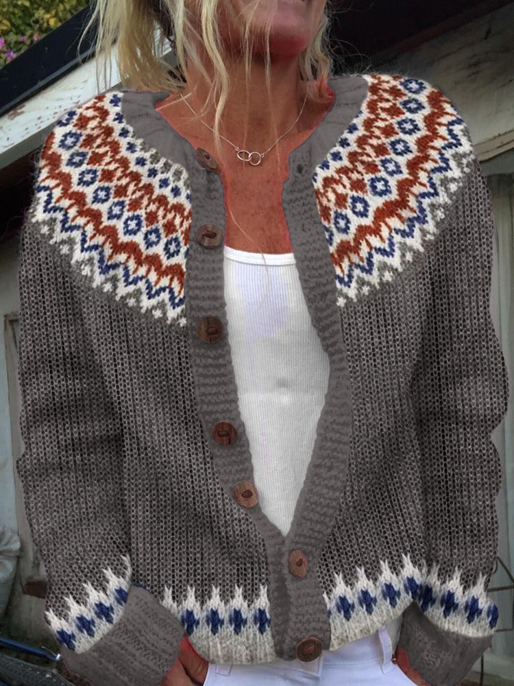 Inge | Taupe-rostfarbene Strickjacke mit Muster