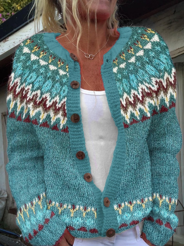 Sabrina | Türkise Strickjacke mit Fair-Isle-Muster