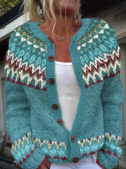 Sabrina | Türkise Strickjacke mit Fair-Isle-Muster