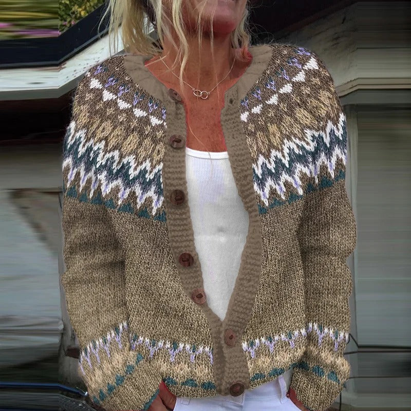 Annegret | Taupe-blaue Strickjacke mit nordischem Muster