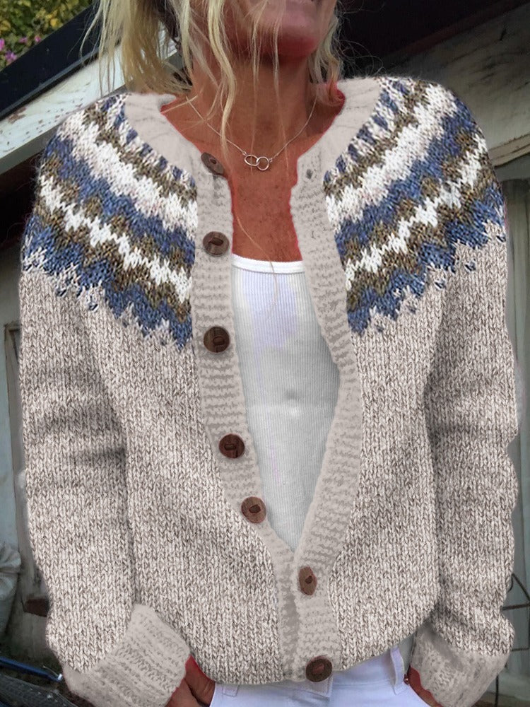 Helena | Cremefarbene Strickjacke mit floralem Passenmuster