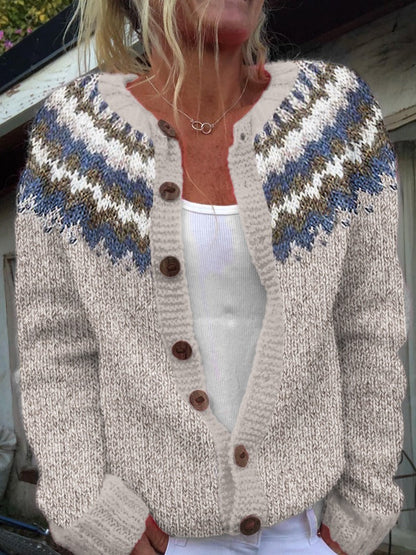Helena | Cremefarbene Strickjacke mit floralem Passenmuster