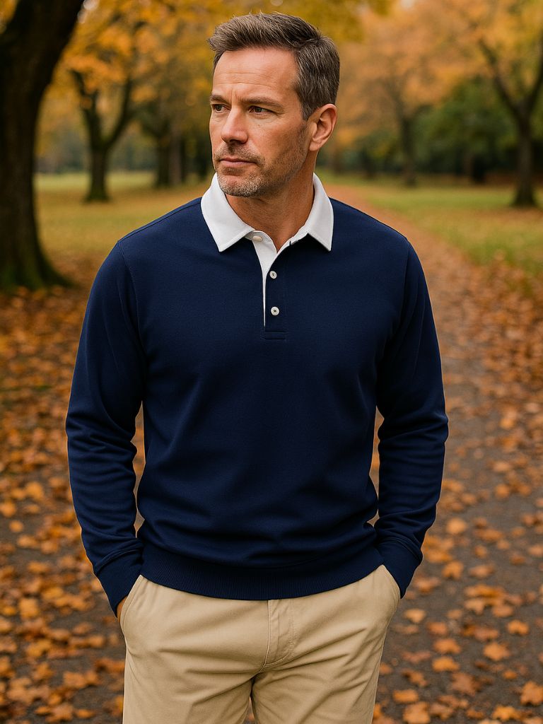Wilhelm-Ernst | Dunkelblaues Langarm-Poloshirt