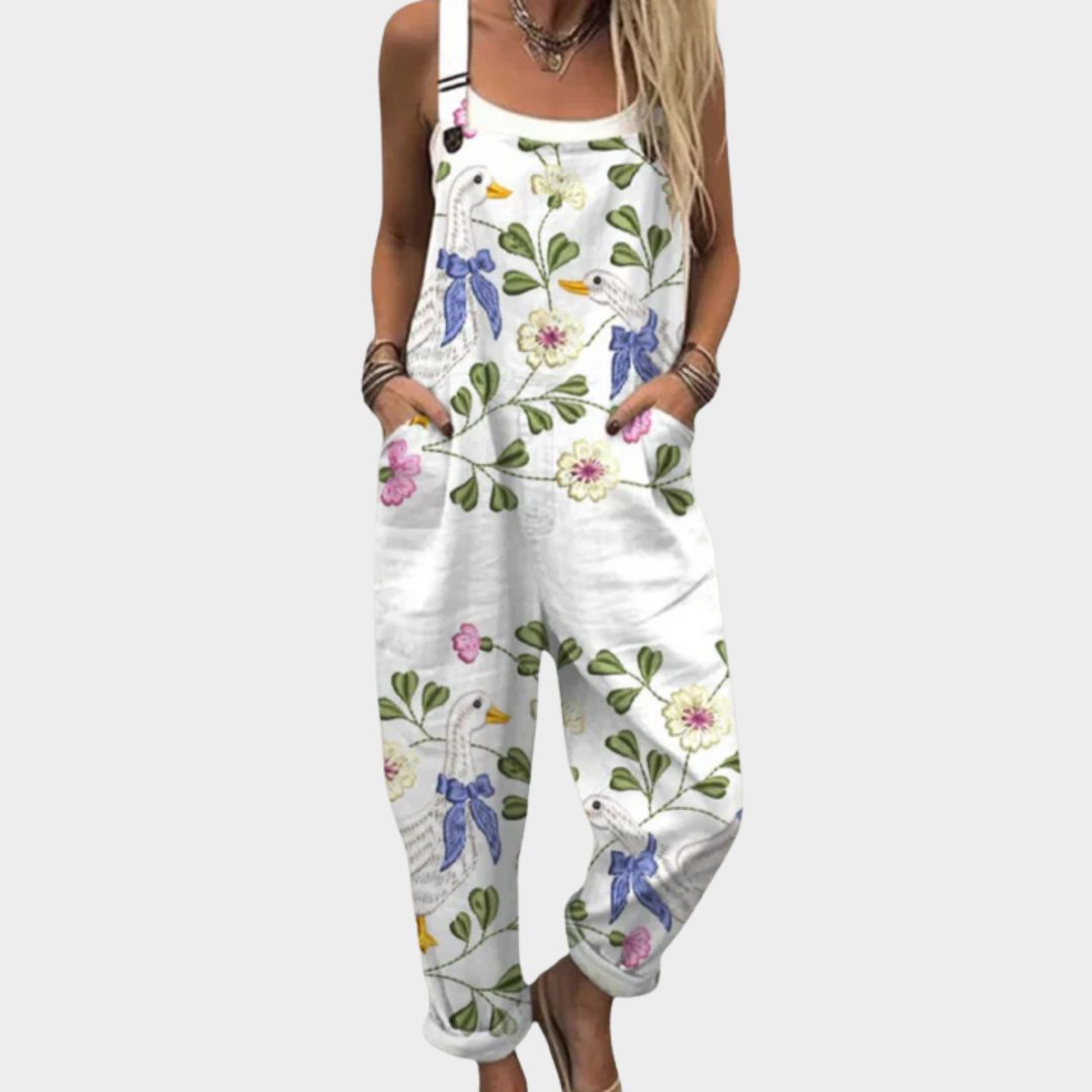 Ingrid | Latzhose in Weiß mit Libellen und Blumen