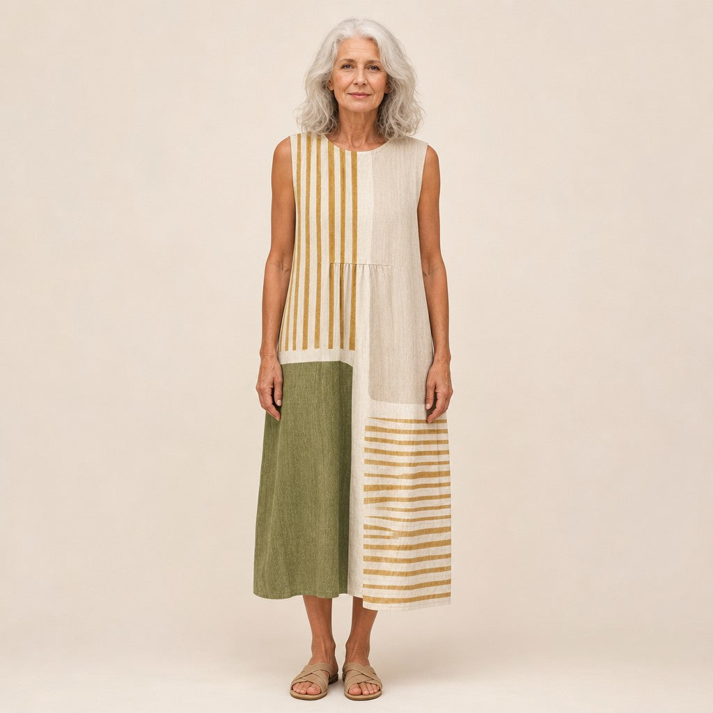 Paula | Ärmelloses Sommerkleid mit Streifen in Oliv und Beige