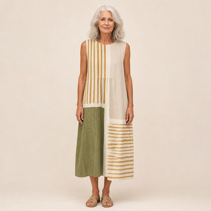 Paula | Ärmelloses Sommerkleid mit Streifen in Oliv und Beige