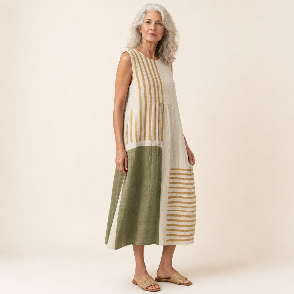 Paula | Ärmelloses Sommerkleid mit Streifen in Oliv und Beige