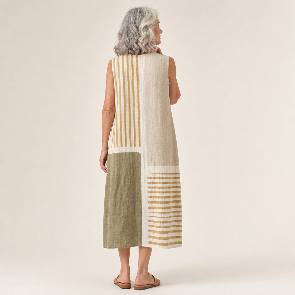 Paula | Ärmelloses Sommerkleid mit Streifen in Oliv und Beige
