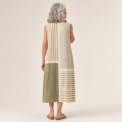 Paula | Ärmelloses Sommerkleid mit Streifen in Oliv und Beige