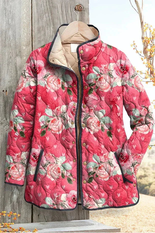 Roswitha | Rosafarbene gesteppte Jacke mit Blumenmuster