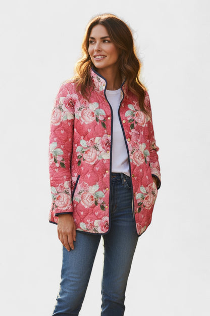 Roswitha | Rosafarbene gesteppte Jacke mit Blumenmuster